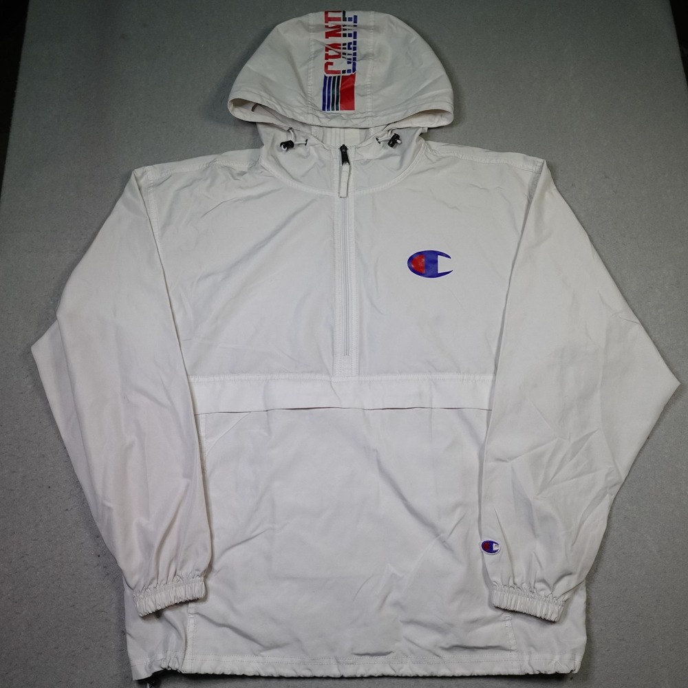 Champion Jacket Mens Medium White Hooded 1/2 Zip Pullover Windbreaker Logo